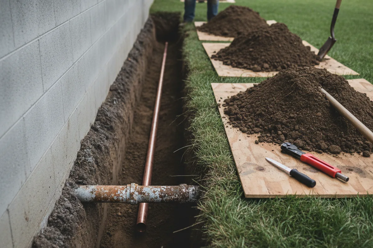 Excavated water line trench during Water Softener Installation in Turtle Creek